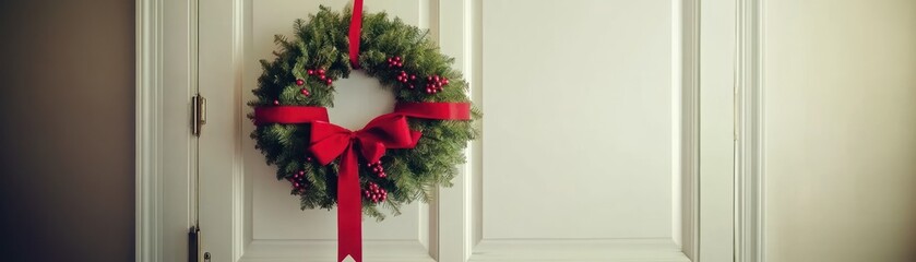 A festive green wreath with a red bow hanging on a white door, symbolizing holiday cheer.