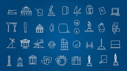 Fototapete - Elegant and minimalist line style icons in format showcasing a variety of art and cultural themes such as architecture statues and tools