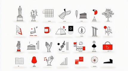 Fototapete - Elegant line art icons depicting a variety of creative cultural elements including museums sculptures and musical notes in a cohesive minimalist and modern aesthetic