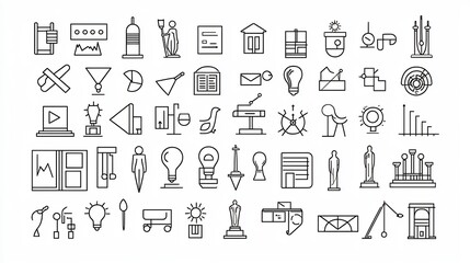 Fototapete - Collection of minimalist line style icons featuring various and cultural elements such as statues architecture and creative symbols designed to convey a refined and elegant visual aesthetic