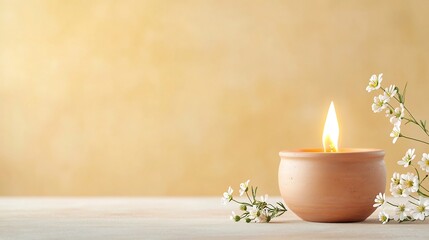 Poster - Beautifully crafted earthen lamp emitting a warm flickering flame surrounded by abstract circular patterns and lines that evoke a sense of floating energy  Accompanied by delicate flowers