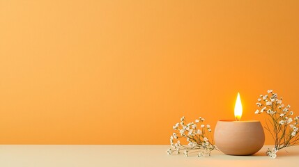 Poster - Glowing traditional earthen lamp emitting a bright flame surrounded by abstract circular patterns and lines evoking a sense of floating energy accompanied by small delicate flowers