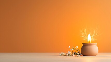 Poster - Rustic clay oil lamp with radiating light and swirling energy patterns tiny flowers placed beside it and a warm orange gradient background enhancing the flame s glow and creating a cozy