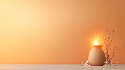 Poster - Rustic clay oil lamp emitting radiating swirling energy patterns with tiny flowers placed beside it set against a warm orange gradient background that enhances the flame s glow and luminous