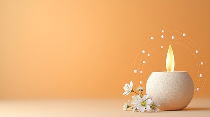 Poster - Earthen lamp with a gentle flame encircled by dots and swirls symbolizing floating energy with small flowers beside it set against a warm soft gradient background in shades of orange and yellow