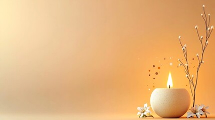 Poster - Earthen lamp with a gentle flame encircled by dots and swirls symbolizing floating energy with small flowers beside it set against a warm soft gradient background in shades of orange and yellow