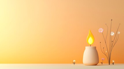 Poster - Softly glowing clay lamp with a vibrant flame surrounded by flowing lines and small flowers set against a gradient background blending orange and yellow for a cozy serene feel