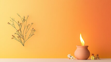 Poster - Softly glowing clay lamp with a vibrant flame surrounded by flowing lines and small flowers set against a gradient background blending orange and yellow for a cozy tranquil feel