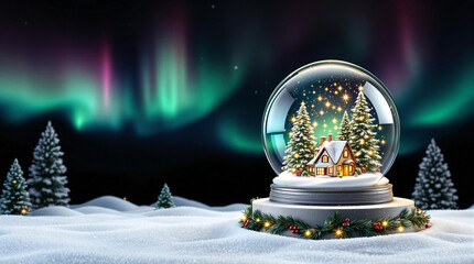 Poster - Christmas composition inside a glass sphere, on a dark background with northern lights. Generative AI