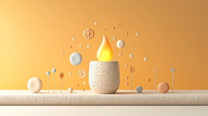 Poster - Ethereal earthenware lamp with abstract circular designs dotted patterns and small flowers creating a floating effect with a warm orange yellow background emitting a cozy and soothing glow