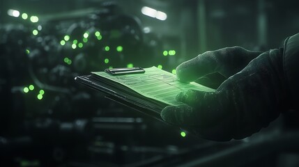 Leinwandbilder - A futuristic hand holds a glowing device amid a tech-laden environment, showcasing vibrant green lights and a sense of advanced technology.