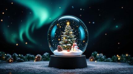 Poster - Christmas composition inside a glass sphere, on a dark background with northern lights. Generative AI