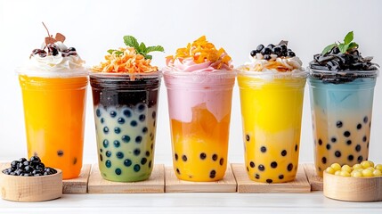 Aufkleber - Assortment of Colorful and Tempting Bubble Tea Beverages with Diverse Toppings and Tapioca Pearls Capturing the Trendy and Refreshing Treat Favored by Young Consumers