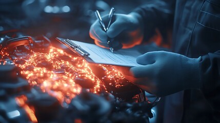 Poster - A person wearing gloves writes on a clipboard next to glowing, intricate machinery in a dimly lit workshop.