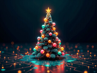 Poster - Christmas digital tree consisting of lines of microchips processors and boards. Generative AI