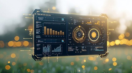 Aufkleber - Futuristic AI driven agricultural data visualization interface showcasing real time analytics and insights set against a backdrop of serene natural lighting and beautiful bokeh effects