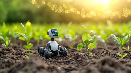 Poster - A sophisticated agricultural robot leveraging intelligence to meticulously analyze crop health with captivating data visualization and a golden light bokeh effect in the background