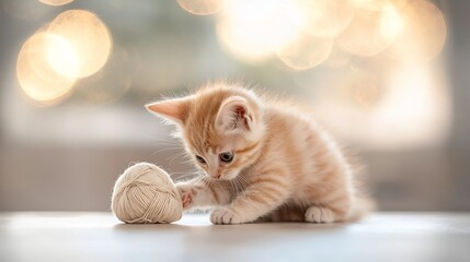 Poster - Adorable and playful kitten captured in a soft warm and vibrant setting with a ball of yarn and golden light flares creating a captivating and charming image perfect for social media advertisements