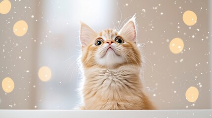 Poster - Curious and wide eyed cat surrounded by a warm golden bokeh and glowing light effects creating a captivating and enchanting atmosphere ideal for engaging social media posts and digital content