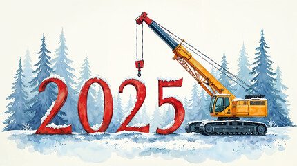 Poster - Crane holds numbers 2025 symbol of the year in Christmas forest. Generative AI