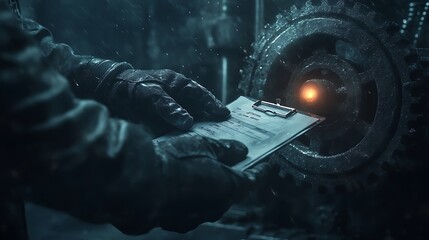 Fototapete - A person in gloves holds a clipboard near a mechanical device with glowing elements in a dimly lit, industrial environment.
