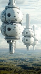 Poster - Futuristic alien planet with advanced human colony structures and diverse extraterrestrial landscapes showcasing the possibility of an intergalactic civilization