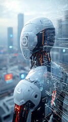 Poster - Futuristic cybernetic human with robotic limbs standing in a high tech city surrounded by holograms and advanced digital displays depicting the future of human robot and technological advancement