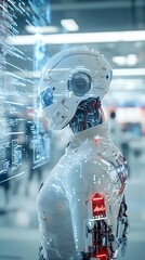 Poster - Cybernetic human with robotic limbs stands in a futuristic high tech city surrounded by holograms and advanced digital displays