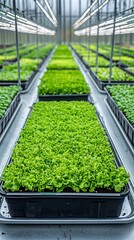 Poster - Vertical hydroponic farming system with green lettuce growing under energy efficient LED lights showcasing a clean and organized indoor cultivation environment for soil less agriculture
