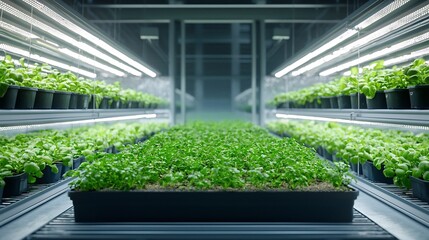 Aufkleber - Vertical farming setup in a high rise building with multiple layers of green plants illuminated by LED lights creating an efficient indoor agriculture system for sustainable food production