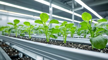 Aufkleber - Vertical shelves filled with thriving green plants and foliage illuminated by energy efficient LED lighting in a controlled indoor farming environment