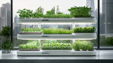 Aufkleber - Futuristic vertical farming setup featuring multiple levels of herbs and vegetables growing under adjustable LED lighting system showcasing sustainable and efficient indoor agricultural technology