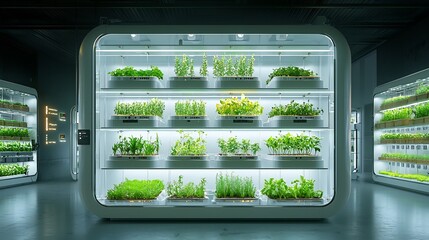 Aufkleber - Futuristic vertical farming setup with herbs and vegetables growing on multiple levels illuminated by adjustable LED lights for efficient and controlled indoor cultivation