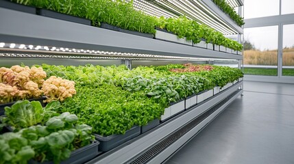 Aufkleber - Innovative multi tiered indoor vertical farming system with fresh vegetables and herbs growing on shelves under LED lighting