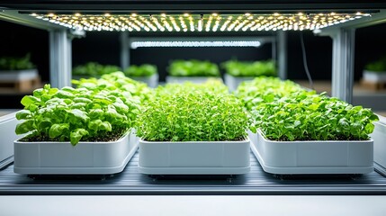 Aufkleber - Compact vertical farming system with layers of herbs and lettuce growing under energy efficient LED lighting designed for sustainable and eco friendly food production in urban or indoor environments