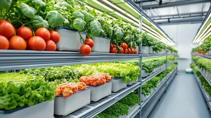 Aufkleber - Innovative Vertical Farm Setup with Rows of Stacked Vegetables Illuminated by Energy Efficient LED Lighting Showcasing Sustainable Solutions for Indoor Agriculture