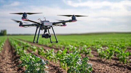 Aufkleber - Aerial view of a smart farm with drones flying above crop fields using advanced technology to monitor plant health soil moisture