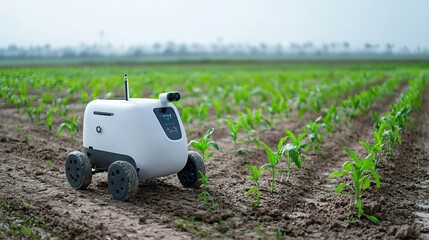 Aufkleber - Agricultural robot working in a smart farm using advanced sensors to monitor plant health and optimize crop growth representing the future of efficient and sustainable precision farming techniques