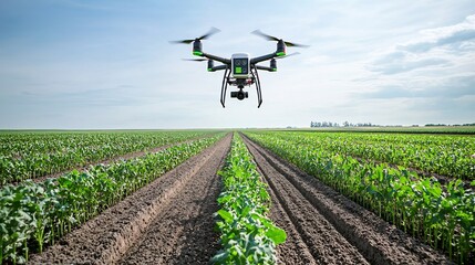 Aufkleber - Precision agriculture scene showcasing a smart farm field with a drone monitoring plant growth soil moisture and other data for advanced management and optimization of agricultural
