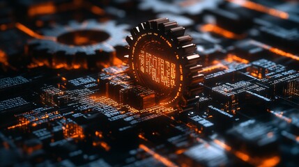 rust programming language concept with moody rusty orange steel gears and byte code overlay, symboli