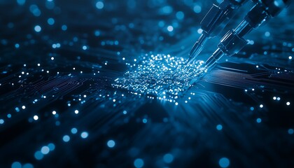 Poster - An abstract representation of technology, showcasing blue digital circuitry with glowing particles, evoking themes of innovation and connectivity.