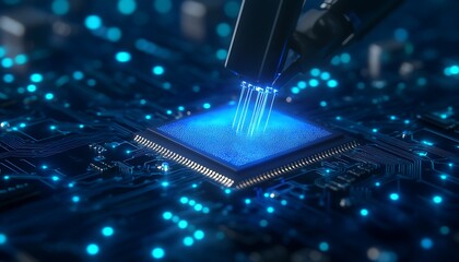Poster - A close-up view of a microprocessor with blue lights, illustrating technology and innovation in electronics and computing.