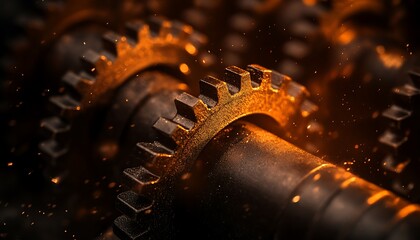 Leinwandbilder - A close-up view of interlocking gears with a glowing, metallic texture, surrounded by a fine dust, evoking a sense of industrial mechanics.