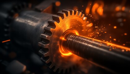 Fototapete - A close-up of a metallic gear with glowing edges, surrounded by sparks, highlighting industrial machinery and engineering.