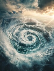 Poster - A colossal hurricane churns in the ocean with turbulent clouds and swirling winds under a dramatic sky at sunset. Generative AI