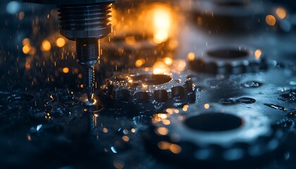 Poster - A close-up view of intricate gears and machinery, illuminated by glowing sparks and droplets, showcasing the precision of metalworking processes.