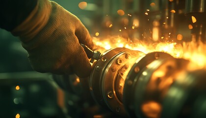 Poster - A close-up of a hand gripping a metal part, with sparks flying, illustrating the intensity of metalworking or manufacturing processes.