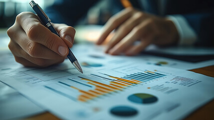Poster - Reviewing Financial Data on Business Report. Close-up view of hands holding a pen while analyzing a detailed financial report with various graphs and bar charts, showcasing strategy.