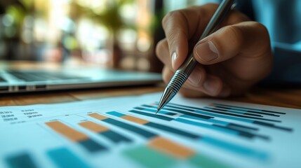 Poster - Business Analysis of Financial Graphs and Charts. Professional's hand pointing at bar charts and graphs on a financial report, emphasizing business strategy, analysis, and data review.