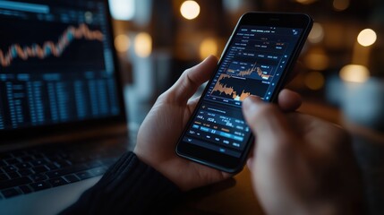 Poster - Stock Market Data on Phone and Laptop Screen. Close-up of hands holding a phone with stock data, alongside a laptop showing charts, portraying trading, investment, and financial analysis.